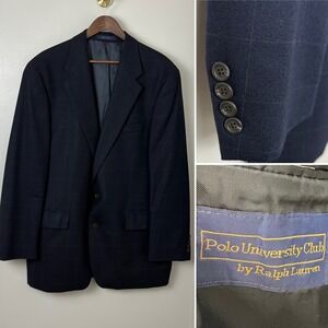 VTG Polo University Club Mens Navy Blue Wool Blazer Jacket Size 44T Window Pane